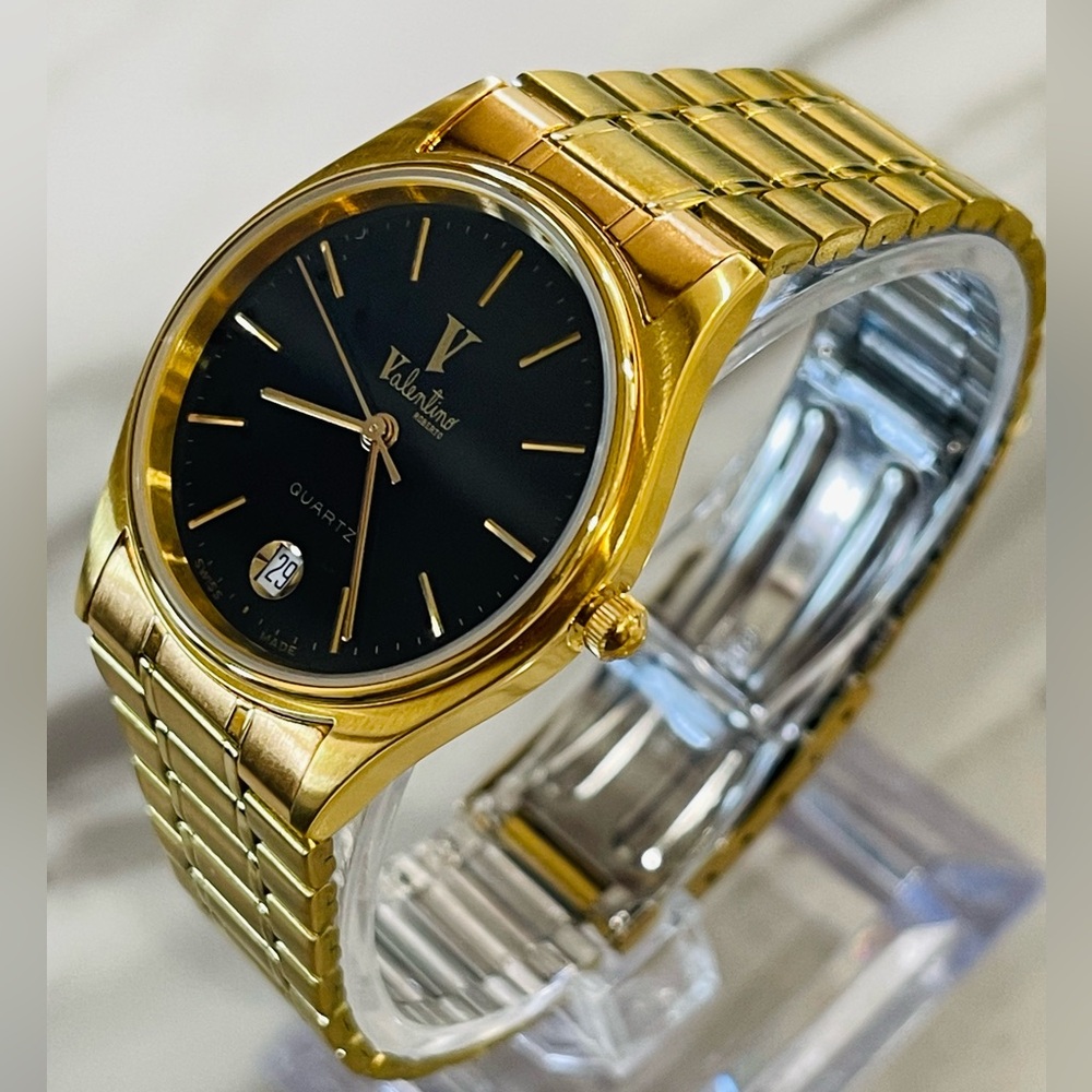 Vintage Valentino Watch gold plated black face Men’s unisex RARE 1980’s